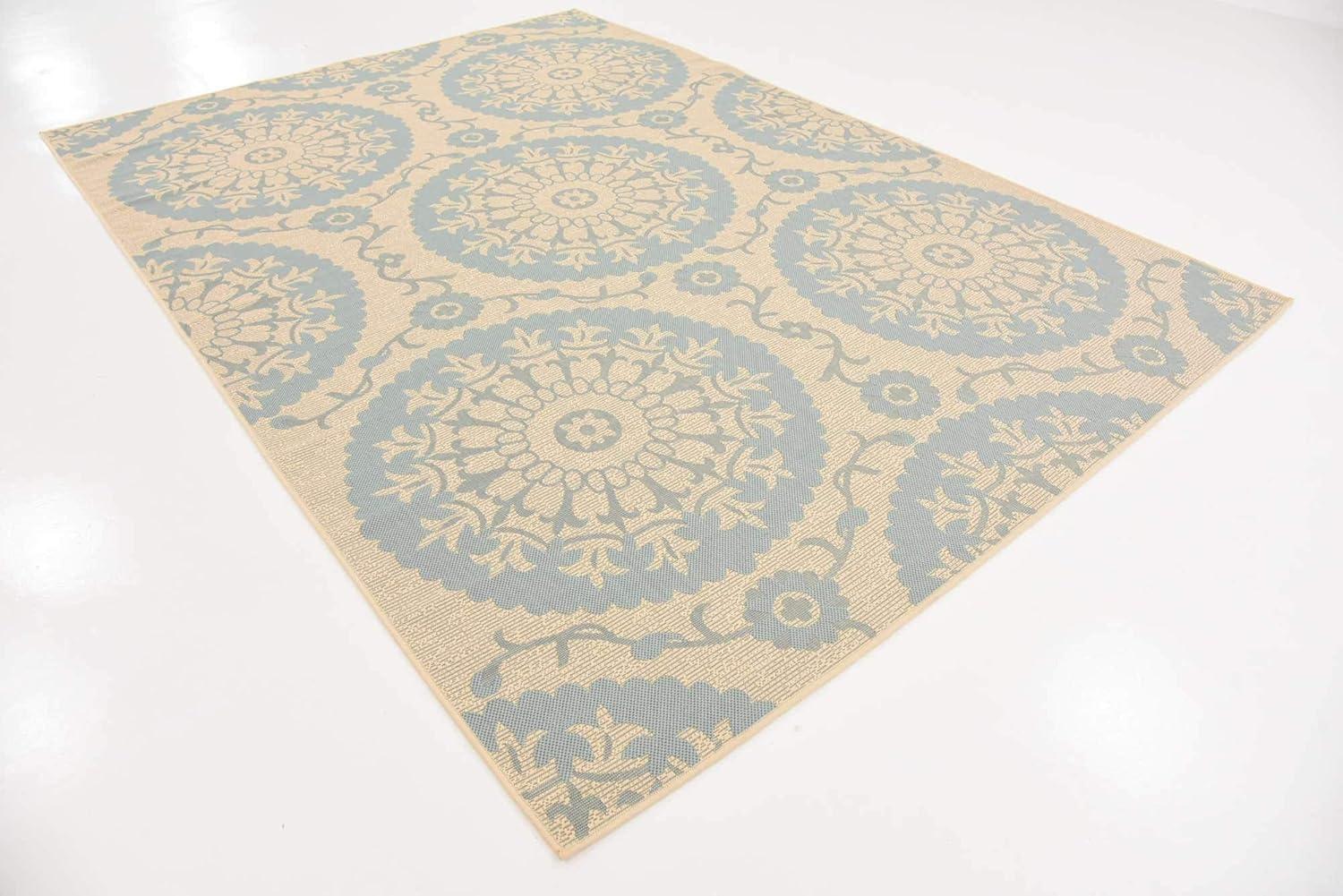 Unique Loom Outdoor Botanical Collection Area Rug - Medallion (7' 1" x 10' Rectangle Aqua/Beige)