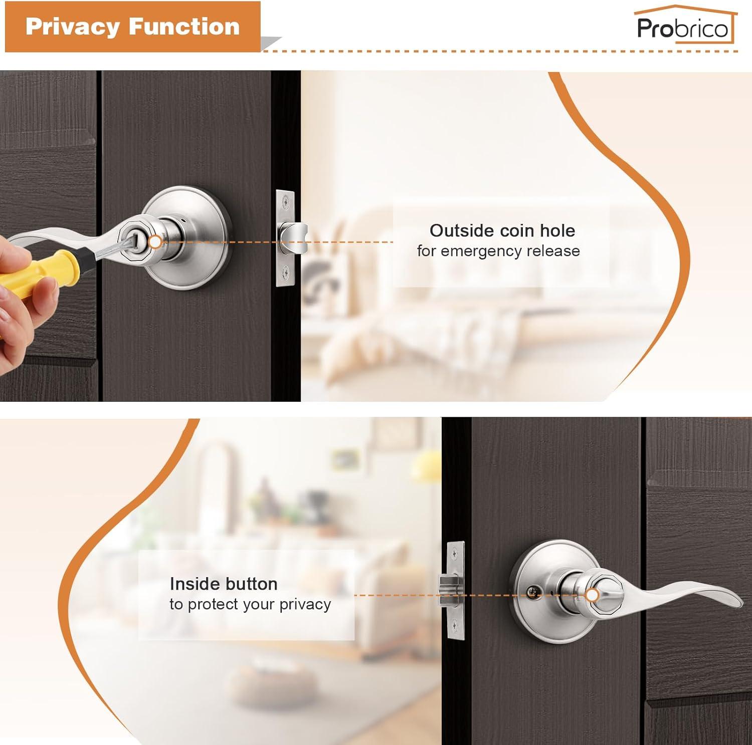 Probrico Privacy Door Levers Interior Door Handles Levers, Wave Style Bed Bath Door Handles Lock Keyless, Satin Nickel Door Lever Lockset 6 Pack