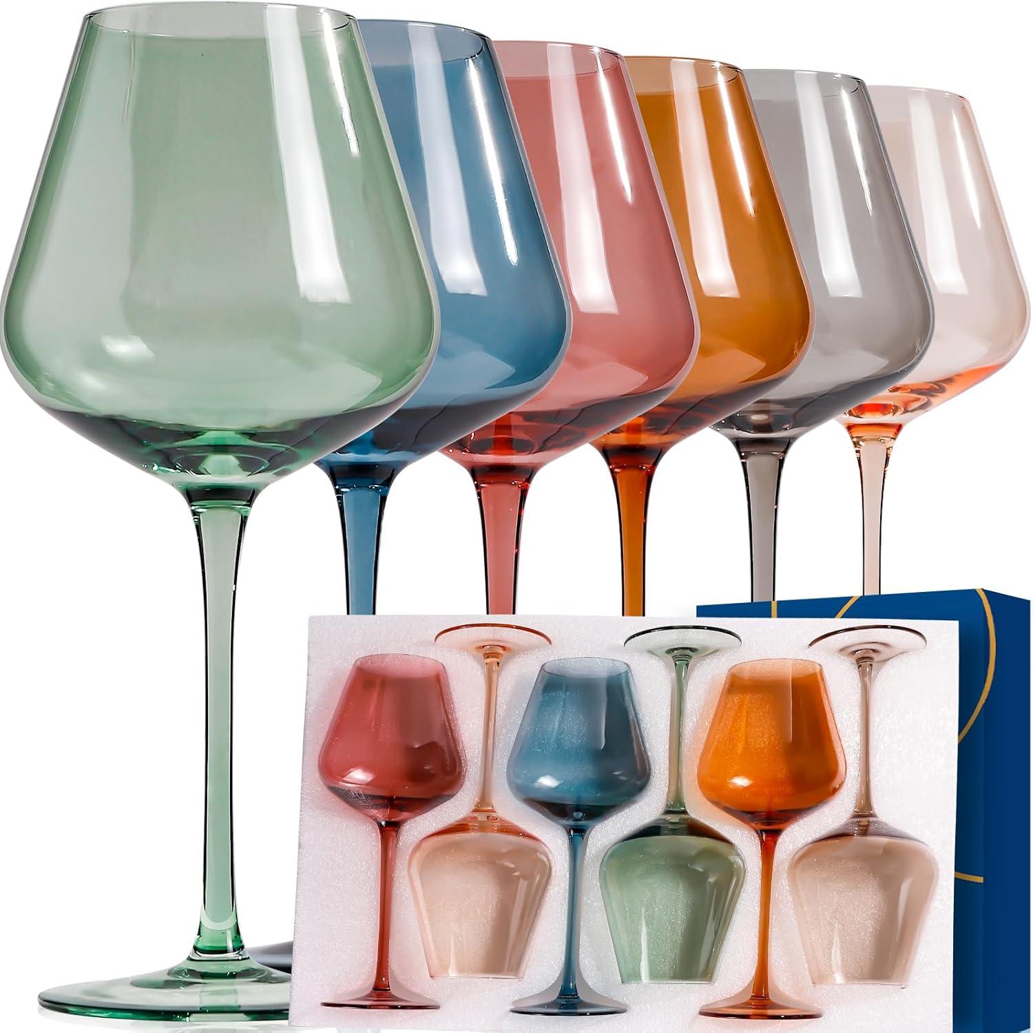 Bella Vino Set of 6 Multi Colored Crystal Wine Glasses - 18oz.