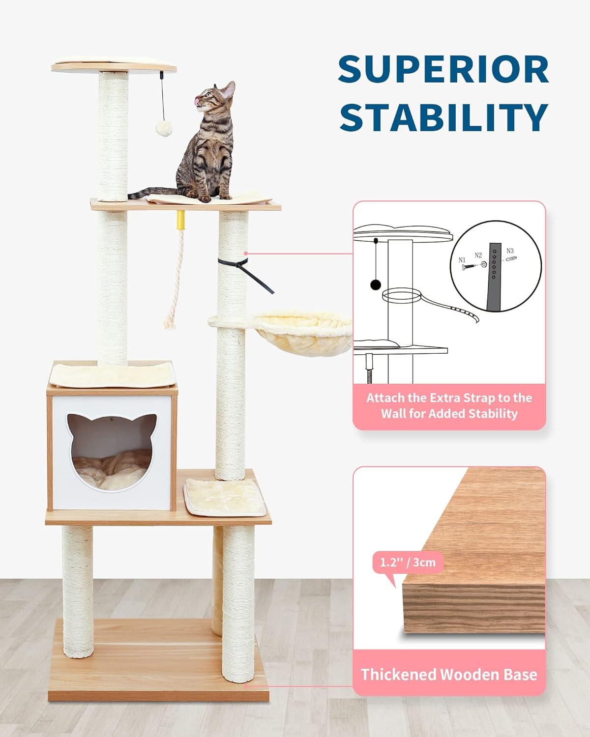 Modern 65" Tall Wood Cat Tree with Hammock and Condo