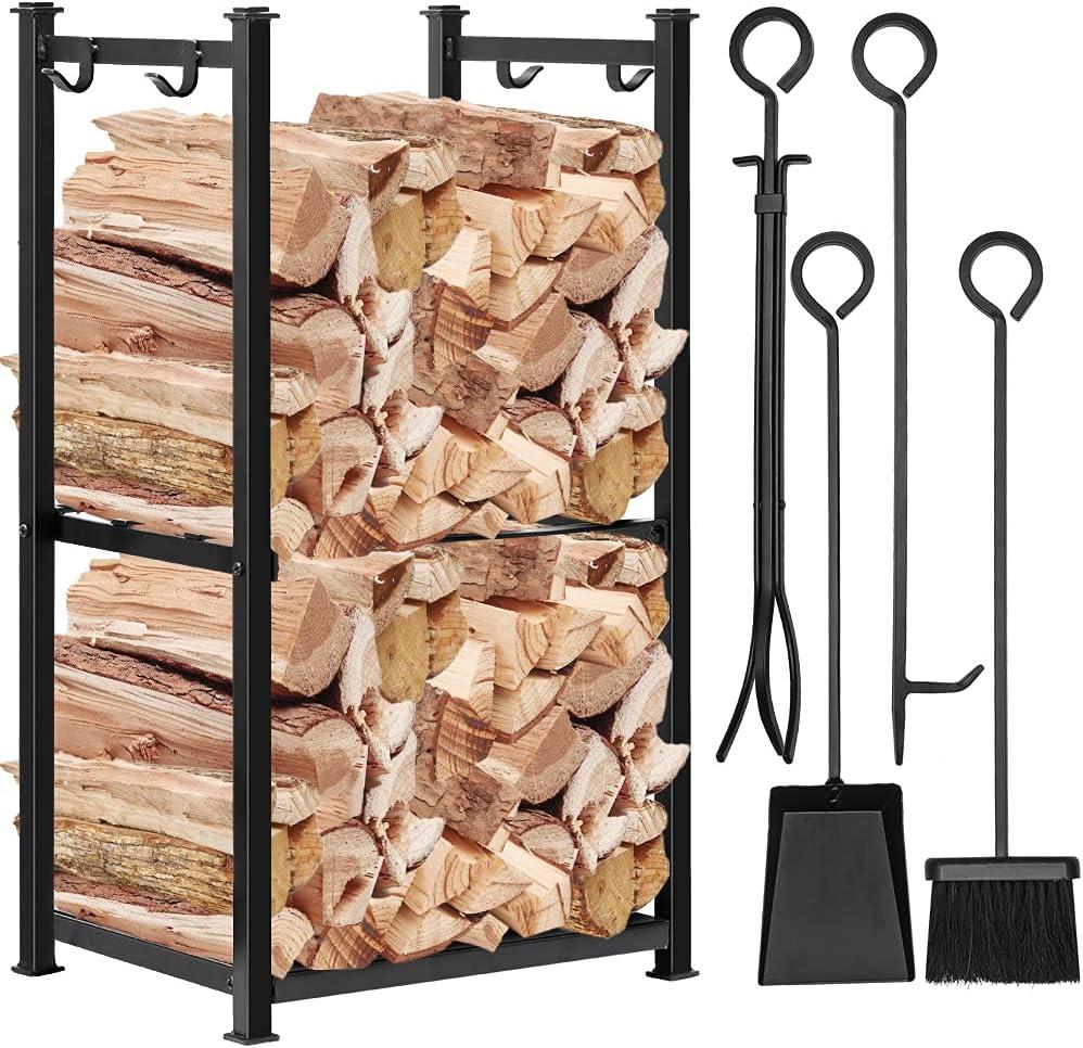 Black Wrought Iron Firewood Rack with Tools Set