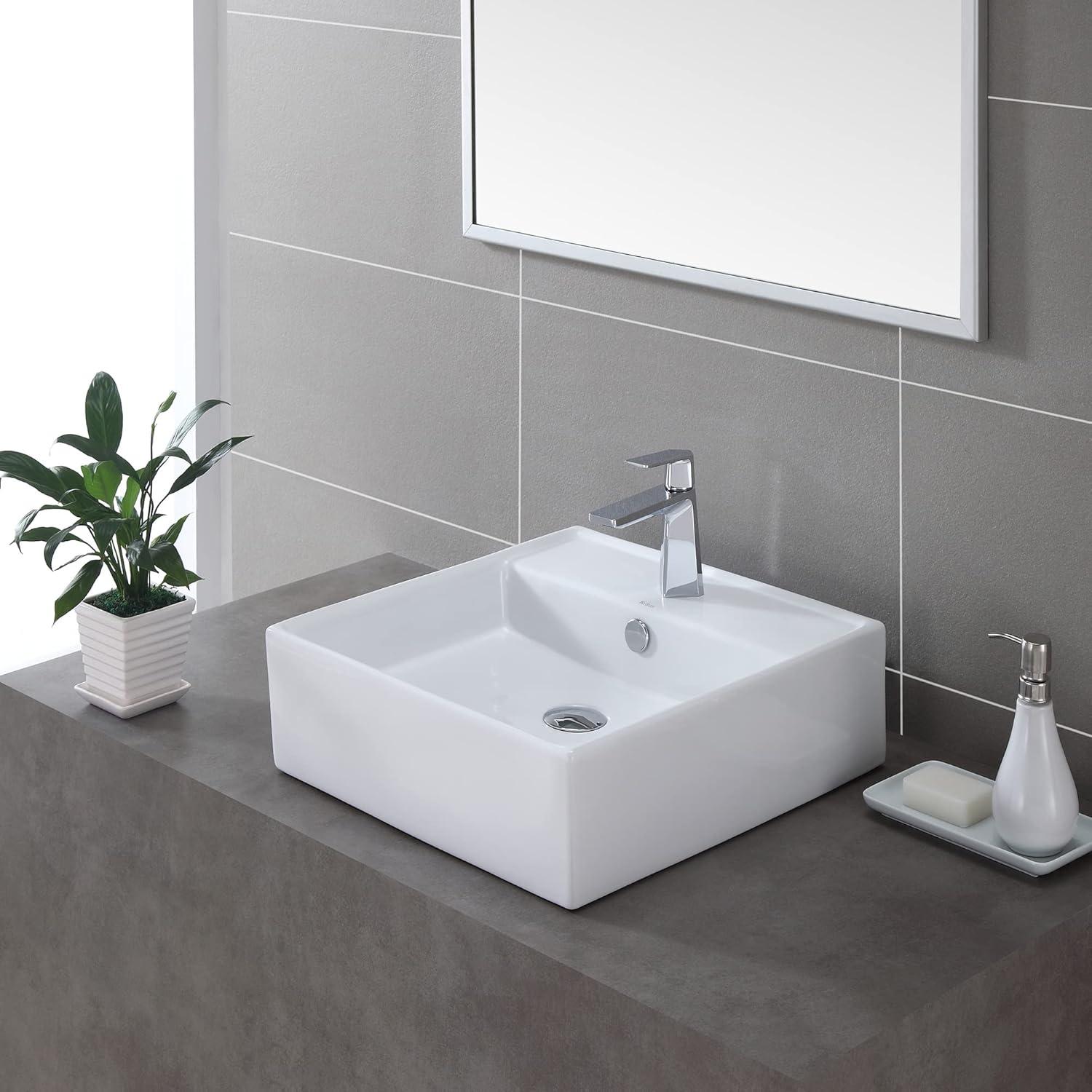 Sleek Square Ceramic Vessel Bathroom Sink with Overflow, 18.5"