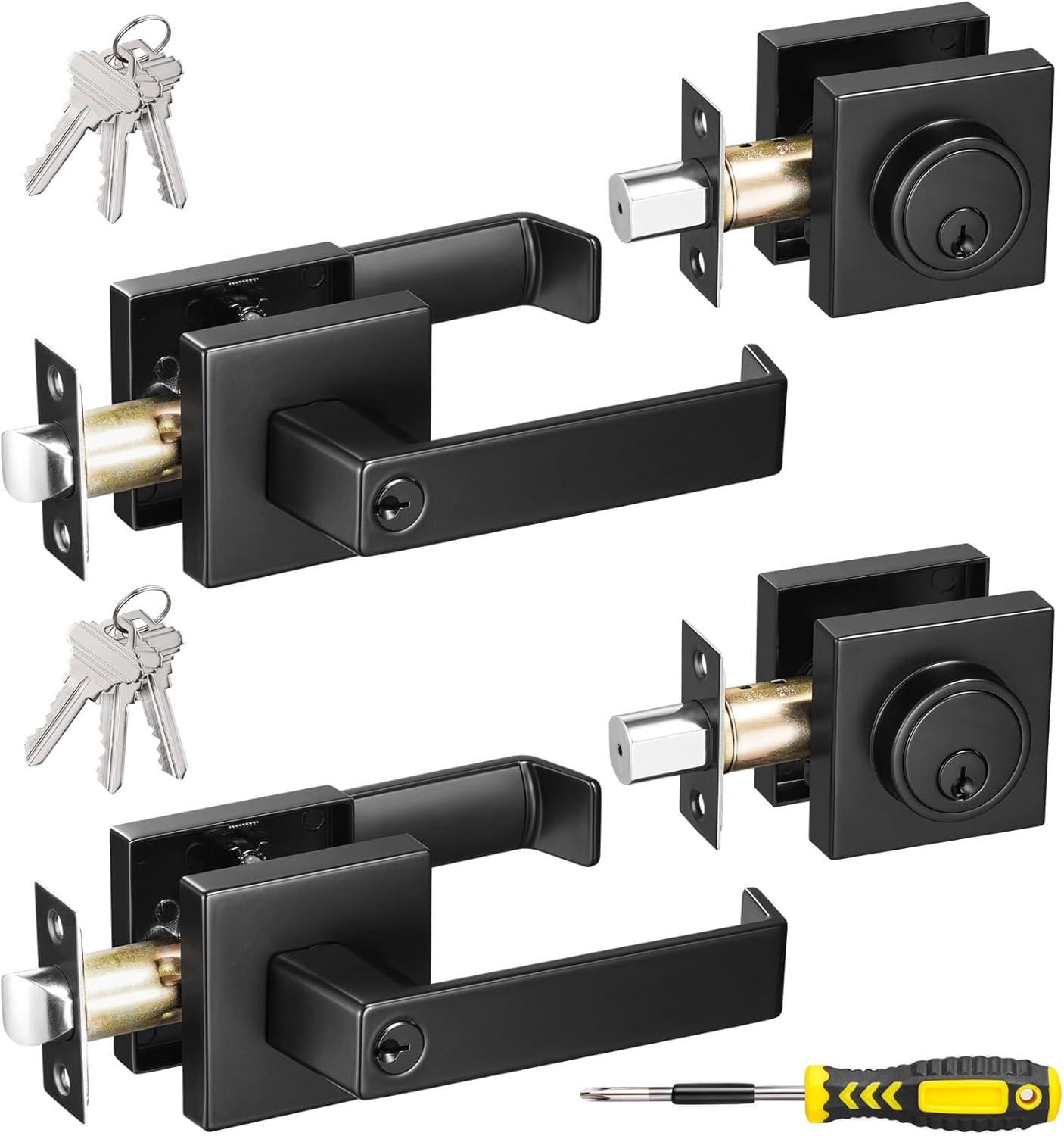 Front Door Handle and Deadbolt Set, Matte Black Exterior Door Lock Set with Deadbolt, Front Door Handles and Locks (2 Pack)