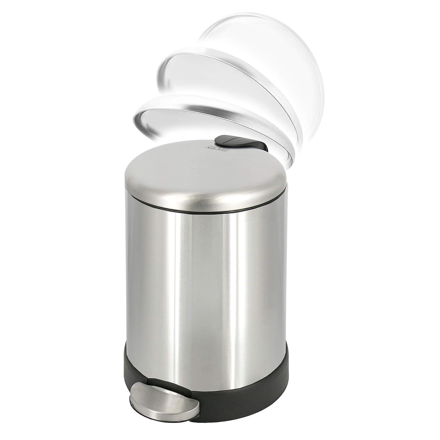 Glad Small Trash Can, 1.2 Gallon | Round Stainless Steel Garbage Bin with Soft Close Lid & Step Foot Pedal | Metal Waste Basket with Removable Inner Bucket, Stainless