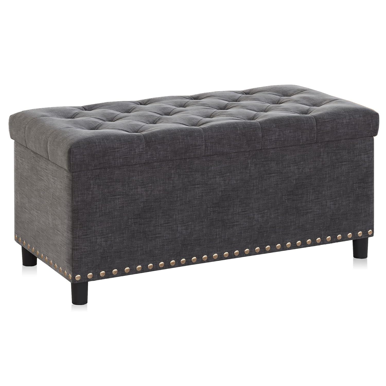 BELLEZE 35 Inch Storage Ottoman, Button-Tufted Ottoman Linen Storage Bench with Safety Close Hinge, Ottoman with Storage for Living Room, Entryway, Hallway, Foot Rest, Support 300lbs - Dark Grey
