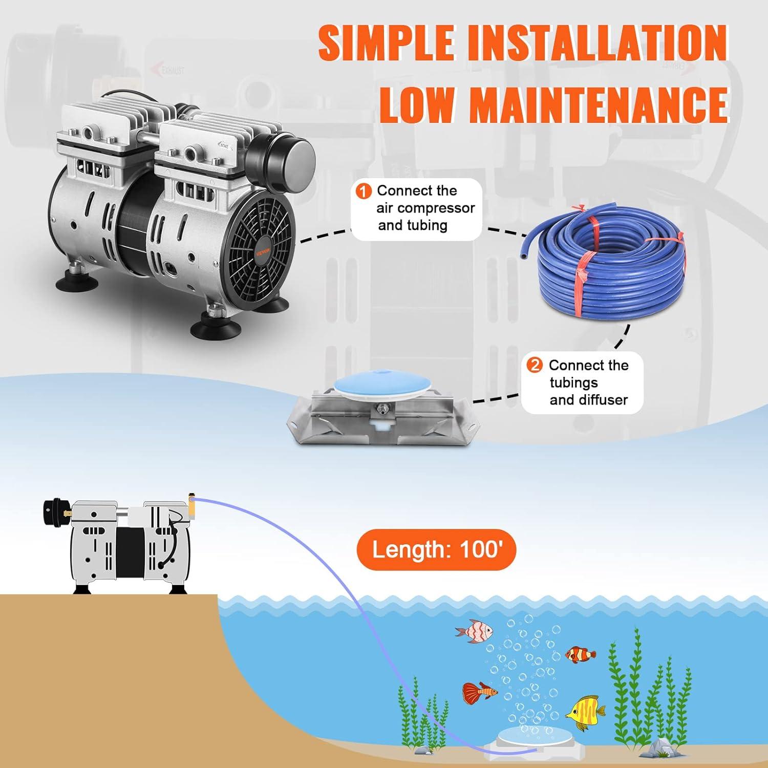 VEVOR 3/4 HP Silver Metal Pond Aerator Kit with Blue Tubing