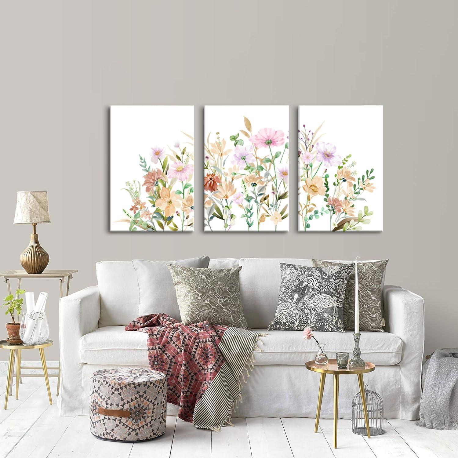 Framed Wildflower Wall Art Canvas Prints Plant Watercolor Floral Poster Set of 3 Colorful Botanical Rustic Painting Farmhouse Picture Wall Decor for Bedroom Living Room Bathroom12x16in