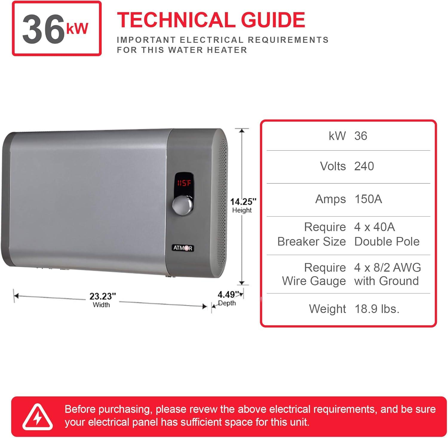 Atmor 36kW 6.2 GPM Electric Tankless Water Heater, ideal for 4 Bedroom Home