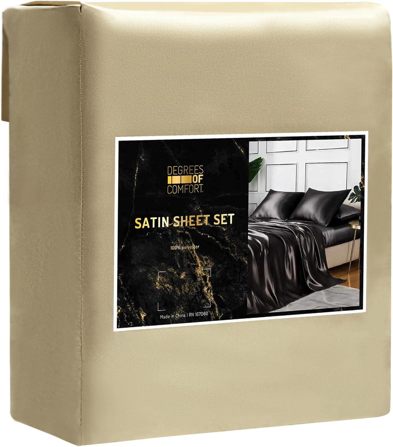 Degrees of Comfort Champagne Satin Sheet Set for Queen Size Bed – 6 Piece Silky and Soft Sheets with 14 Inches Deep Pocket