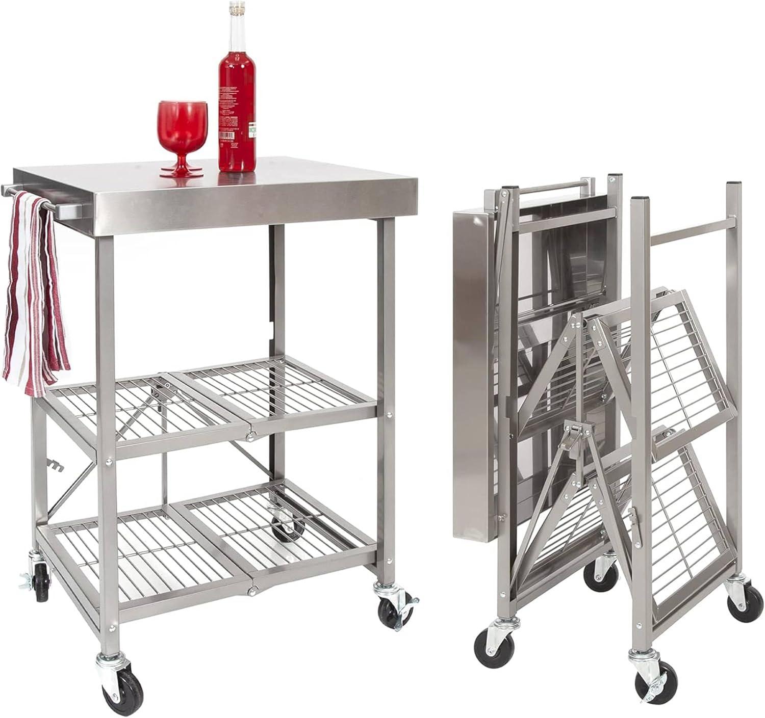 Origami RBT Fully Stainless Steel Foldable Kitchen Cart with 4 Professional Grade Caster Wheels Holds Up To 100 Pounds, Silver