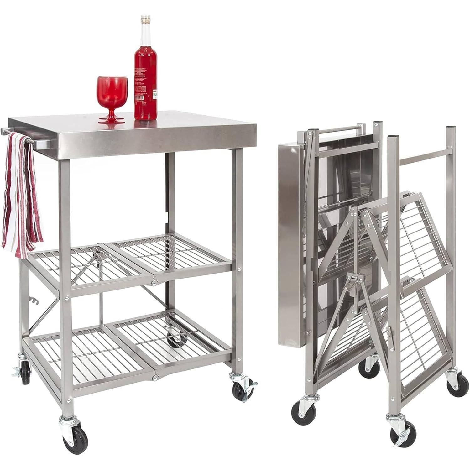 Origami RBT Fully Stainless Steel Foldable Kitchen Cart with 4 Professional Grade Caster Wheels Holds Up To 100 Pounds, Silver