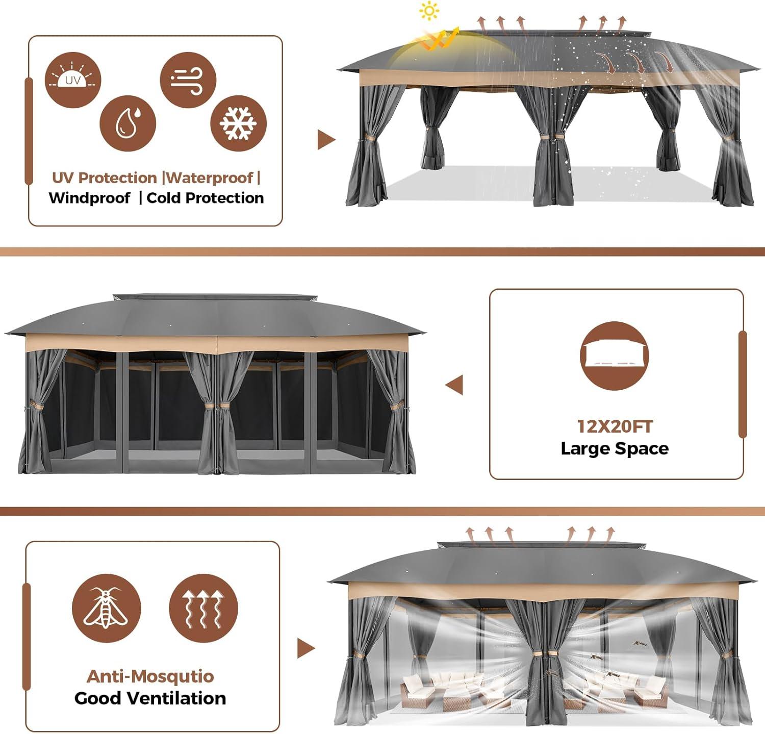 Hoteel 12X20 Heavy Duty Outdoor Patio Gazebo with Mosquito Netting and Curtains, Canopy Tent Deck Gazebo with Double Roofs and Metal Steel Frame for Party, Backyard, Deck, Garden, Gray