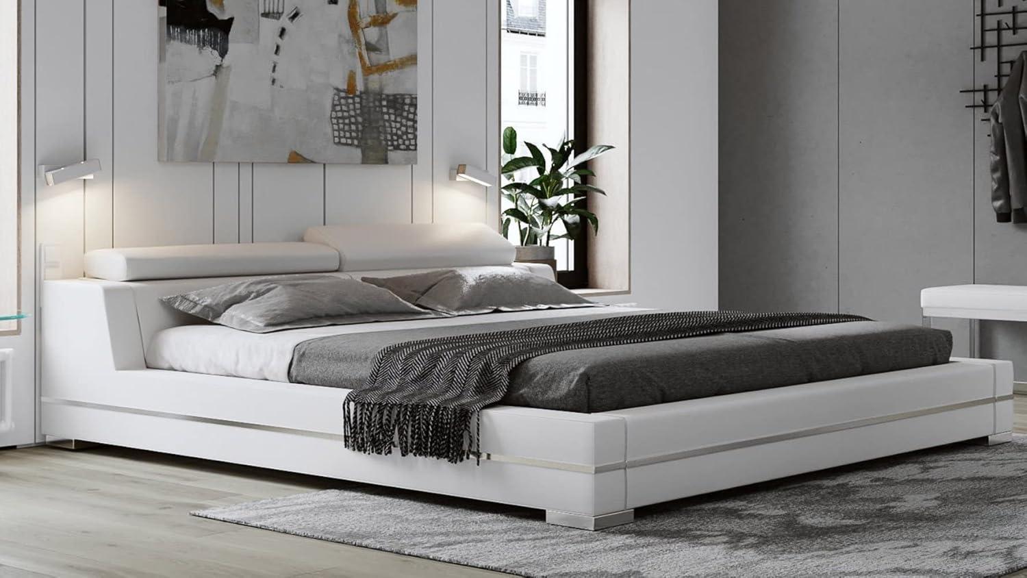 Hera White Leather Queen Platform Bed with Adjustable Headrests