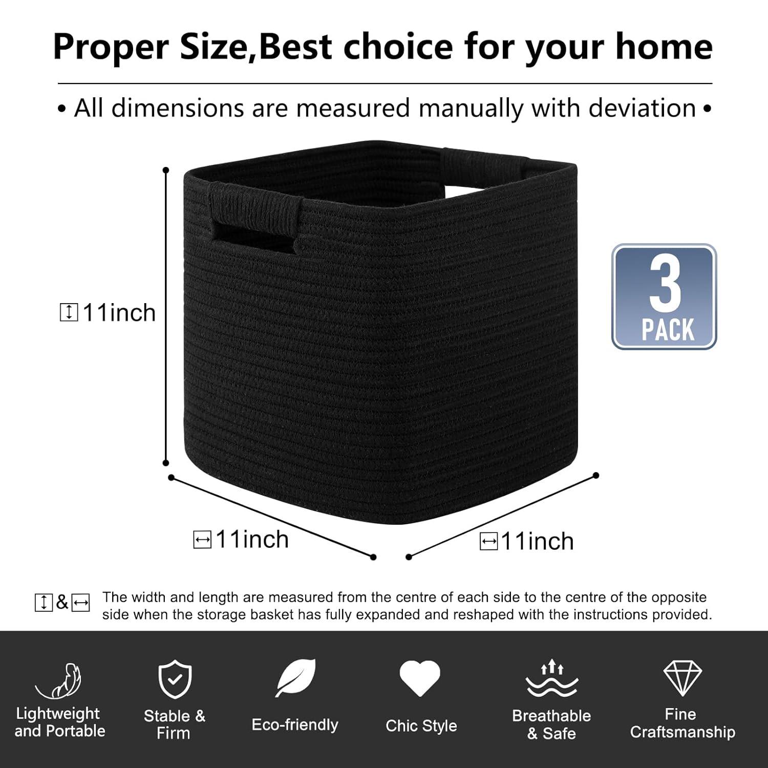 Storage Cube Baskets for Organizing-3 Pack - 11 inch Square Baskets for Cube Storage Closet Storage Bins- Woven Cube Storage Bins for Shelves- Cube Drawer-Toy Storage |White & Black