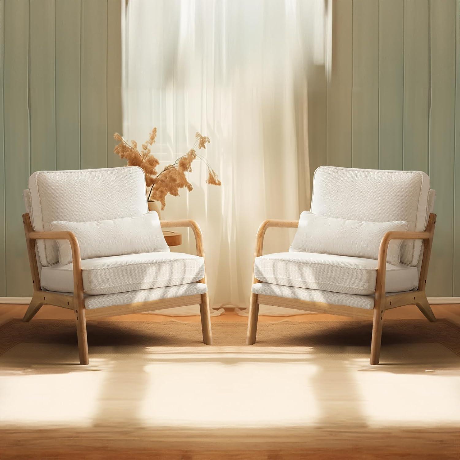 Karl home Accent Chairs Set of 2, Mid-Century Modern Chair with Pillow Upholstered Lounge Arm Chair with Solid Wood Frame & Soft Cushion for Living Room, Bedroom, Balcony, Beige