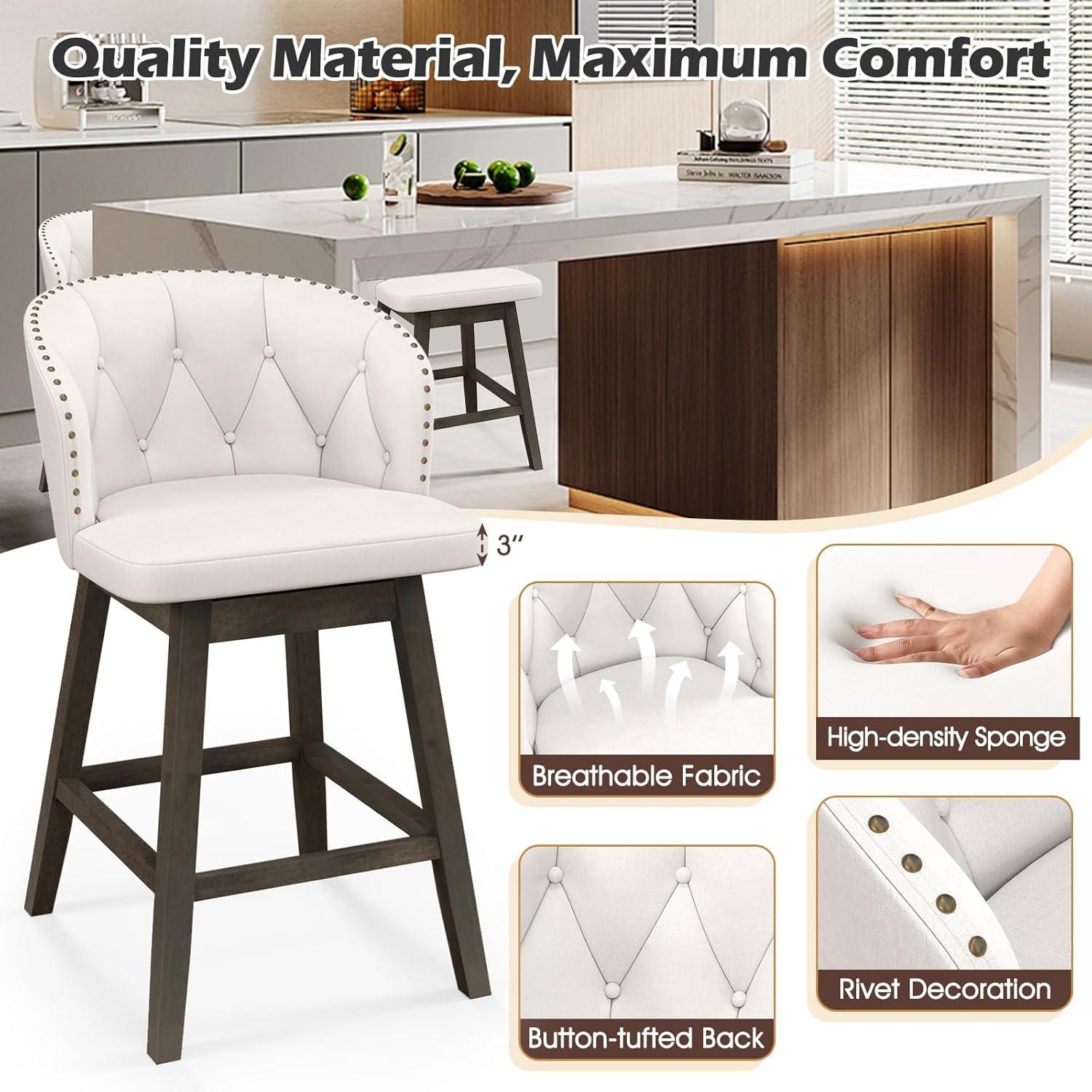 Costway 2 PCS Counter Height Bar Stools Fabric Upholstered Island Stools with 360° Swivel Seat Beige