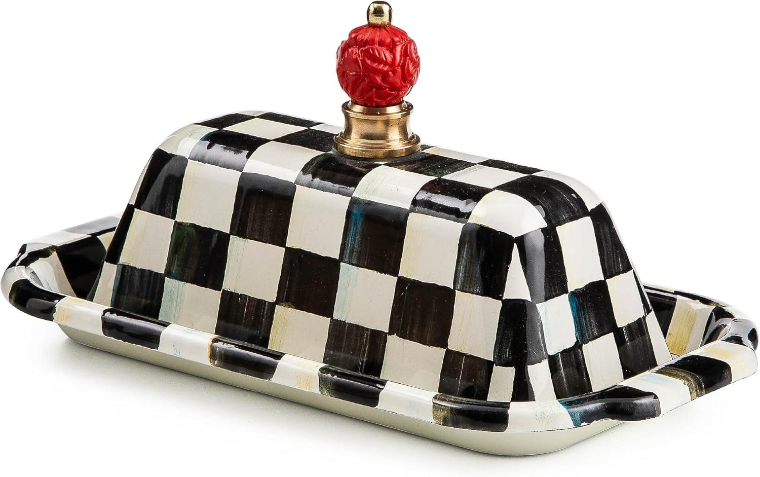 Black and White Checkered Enamel Butter Dish with Red Knob