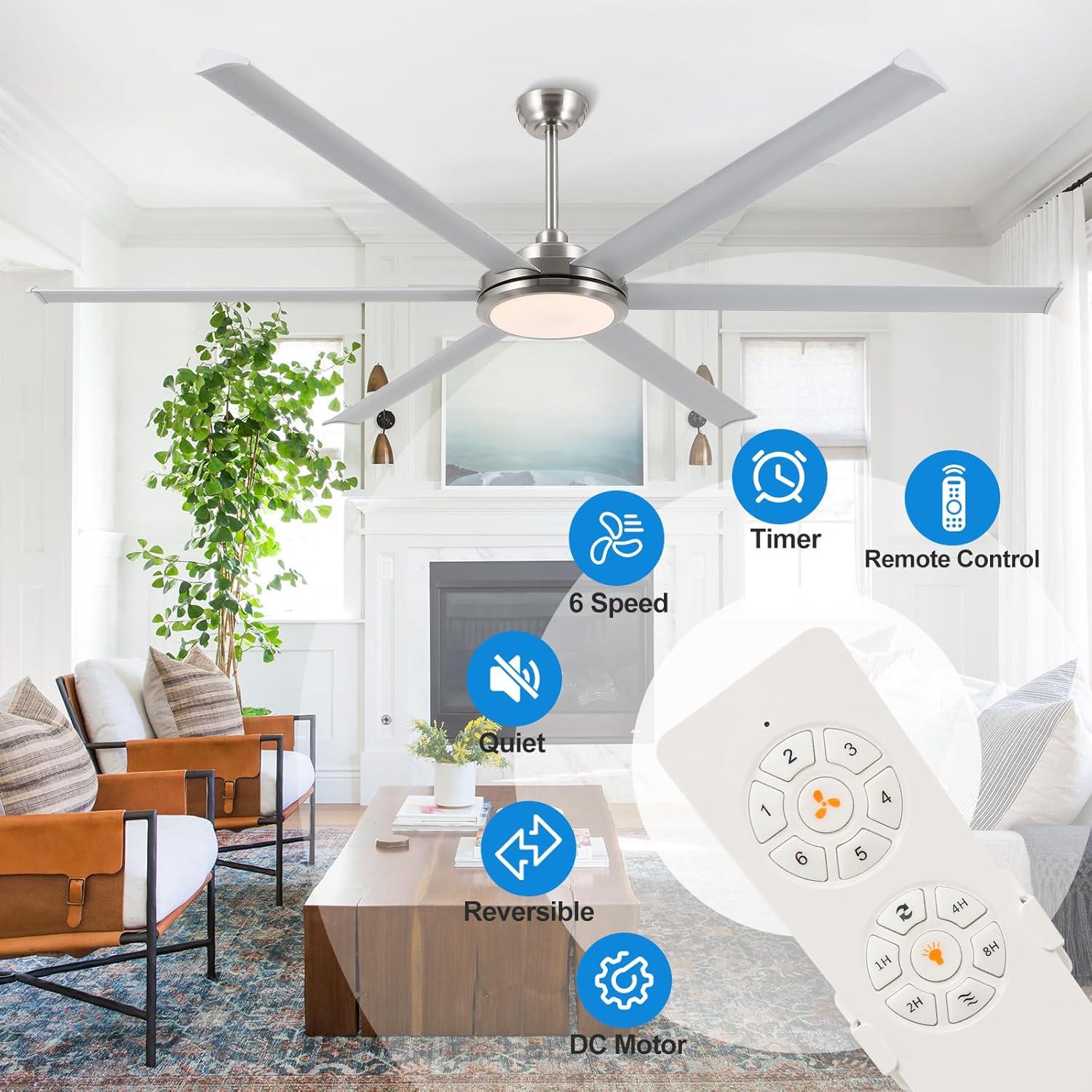 96" Industrial Ceiling Fan with Light and Remote Control, 6-Speed Noiseless Reversible DC Motor, 6 Durable Aluminum Double-Layer Blades Large Ceiling Fan for Home or Commercial Silver