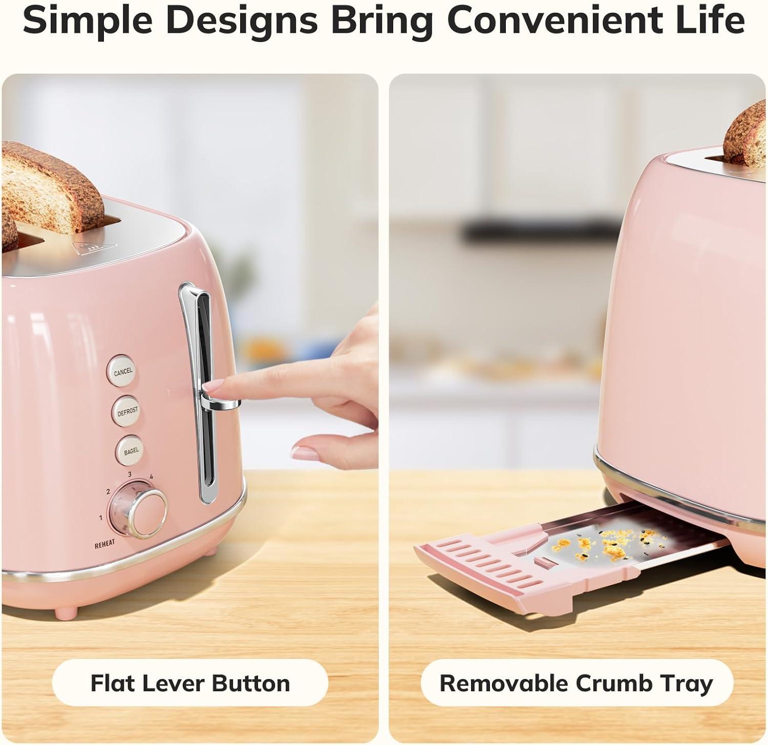 2 Slice Toaster Retro Stainless Steel Toaster with Bagel, Cancel, Defrost Function and 6 Bread Shade Settings Bread Toaster, Extra Wide Slot and Removable Crumb Tray (Pink)