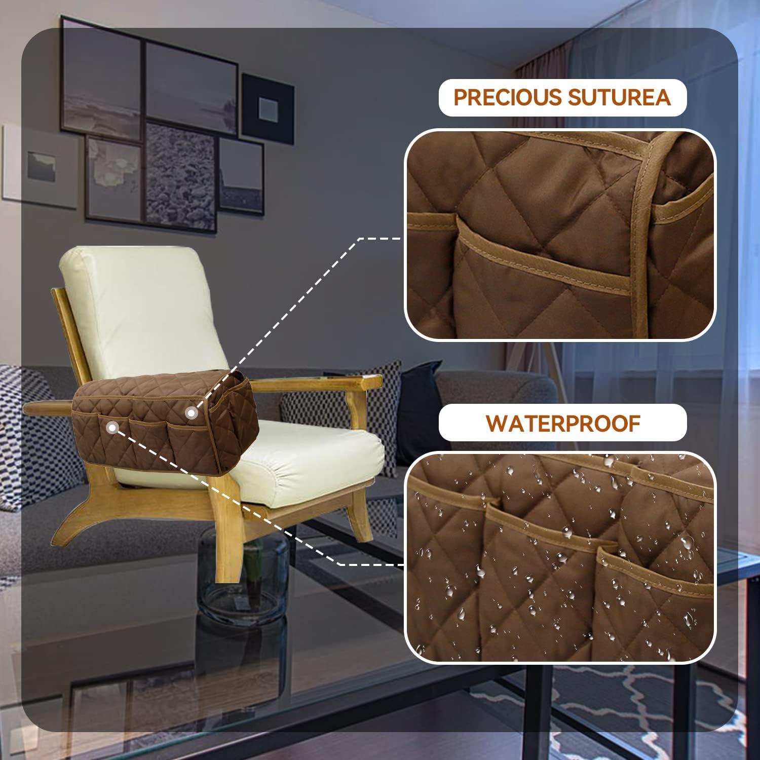 MEHIDFY Armchair Caddy, Waterproof Sofa Armrest Organizer, Non Slip Recliner Organizer, Remote Holder for Recline, Recliner Caddy with 14 Pockets Storage for TV Remote, Phone, Magazine (Brown)
