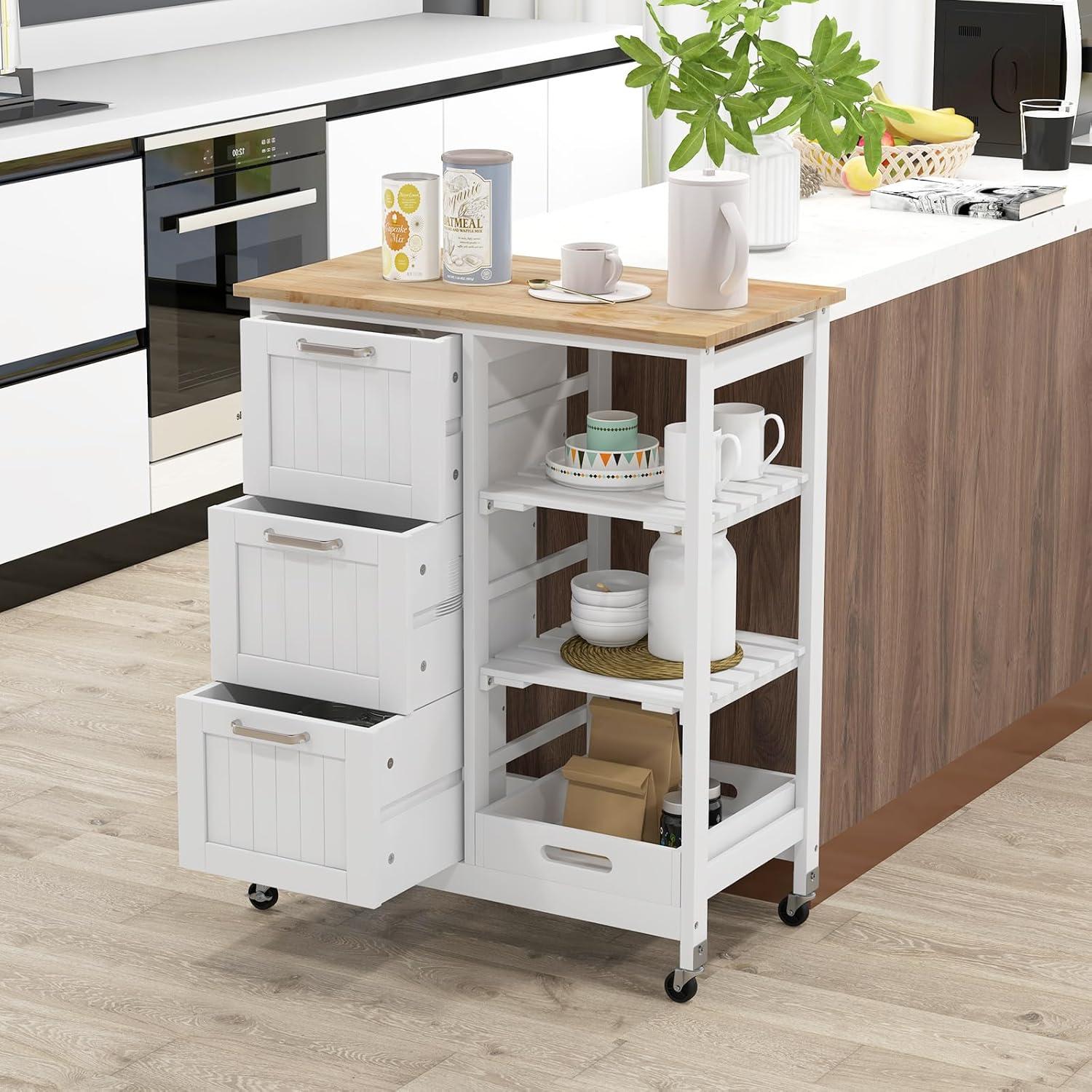 Kitchen Storage Island Cart on Wheels, Kitchen Rolling Trolley Cart with 3 Drawers and Shelves, 360° Wheels & Detachable Tray, Kitchen Island for Dining Room, Living Room & Bedroom