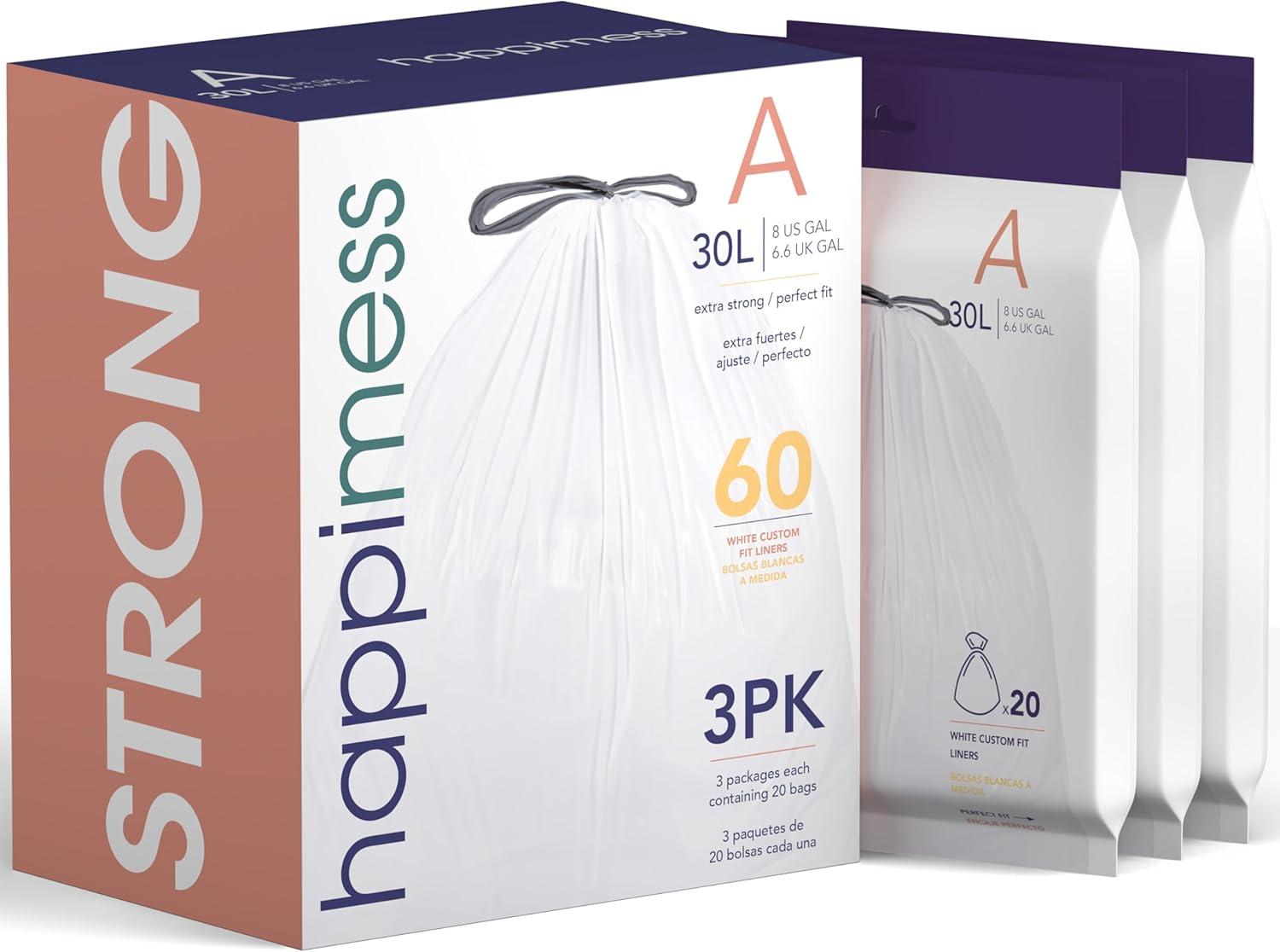 7.9 Gallon Drawstring Trash Can Liner, White (60-Count, 3-Packs of 20 Liners) -happimess