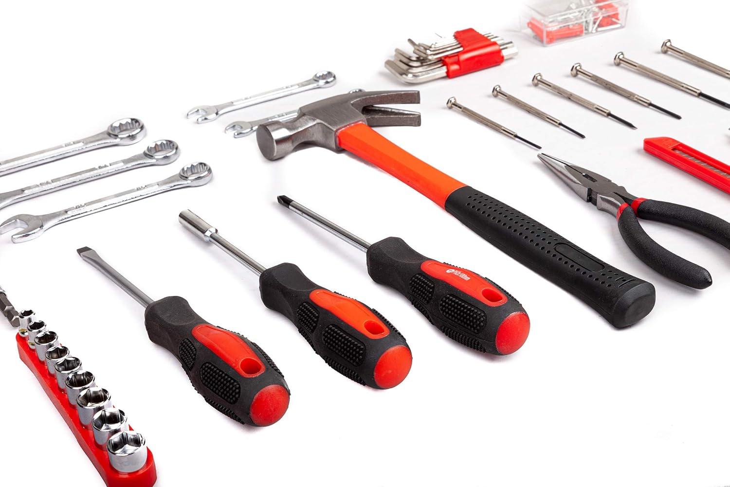 Cshidworld 148-Piece Tool Set General Household Hand Kit with Plastic Toolbox Storage Case, Mechanic Basic Home Tool Kit for Men and Women, All Essential Repair Tools for Home Garage and Office, Red