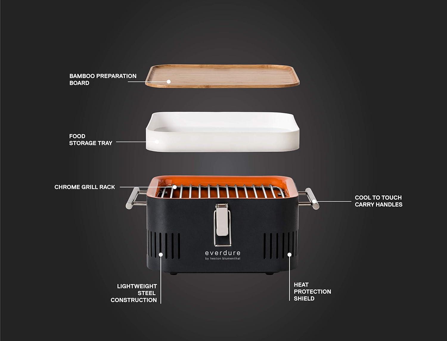 Everdure CUBE Portable Charcoal Grill, Tabletop BBQ, Perfect Tailgate, Beach, Patio, or Camping Grill, Lightweight & Compact Small Grill with Preparation Board & Food Storage Tray, Graphite