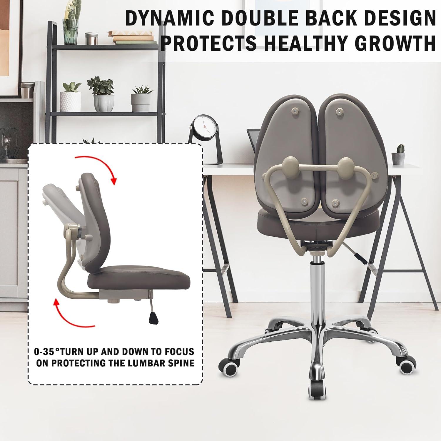 Gray Leather Ergonomic Swivel Drafting Chair with Dual Backrest