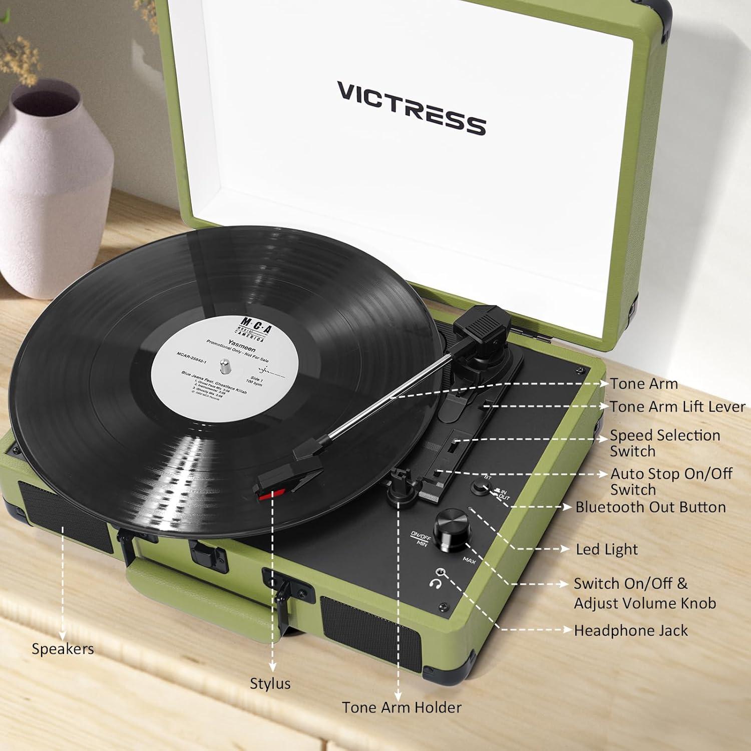 Victrola Journey 3-Speed Bluetooth Suitcase Record Player - Mint: Belt Drive Turntable