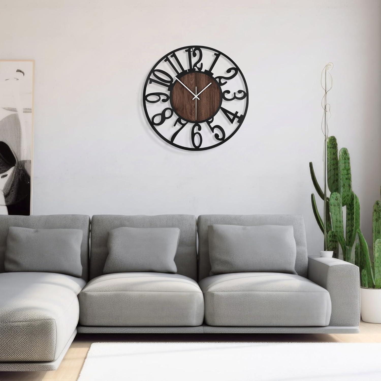 Oversized Black Metal and Wood Silent Wall Clock