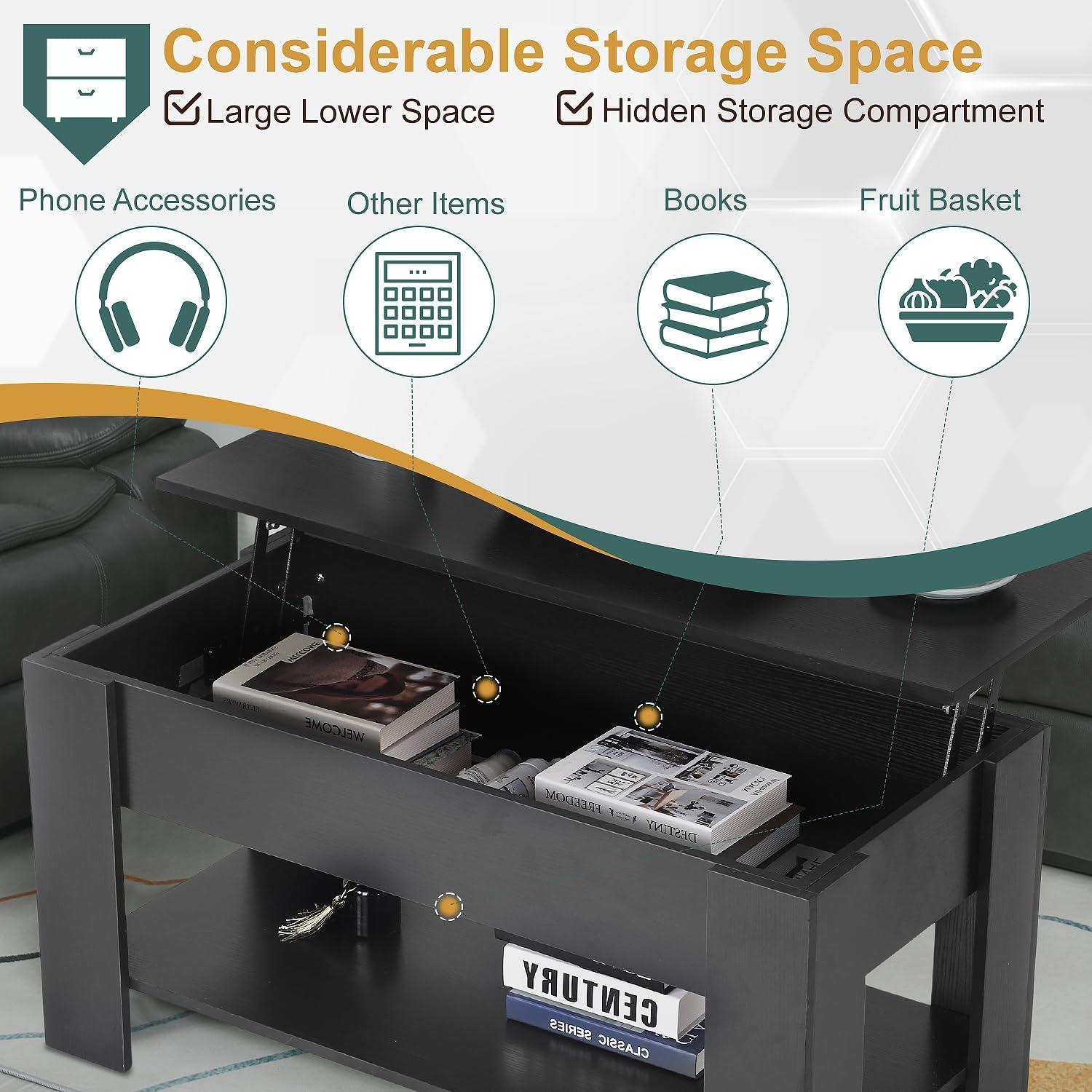 FDW Coffee Tables with Hidden Compartment and Storage Shelf Wooden Lift Tabletop Dining Table for Living Room Home (White)