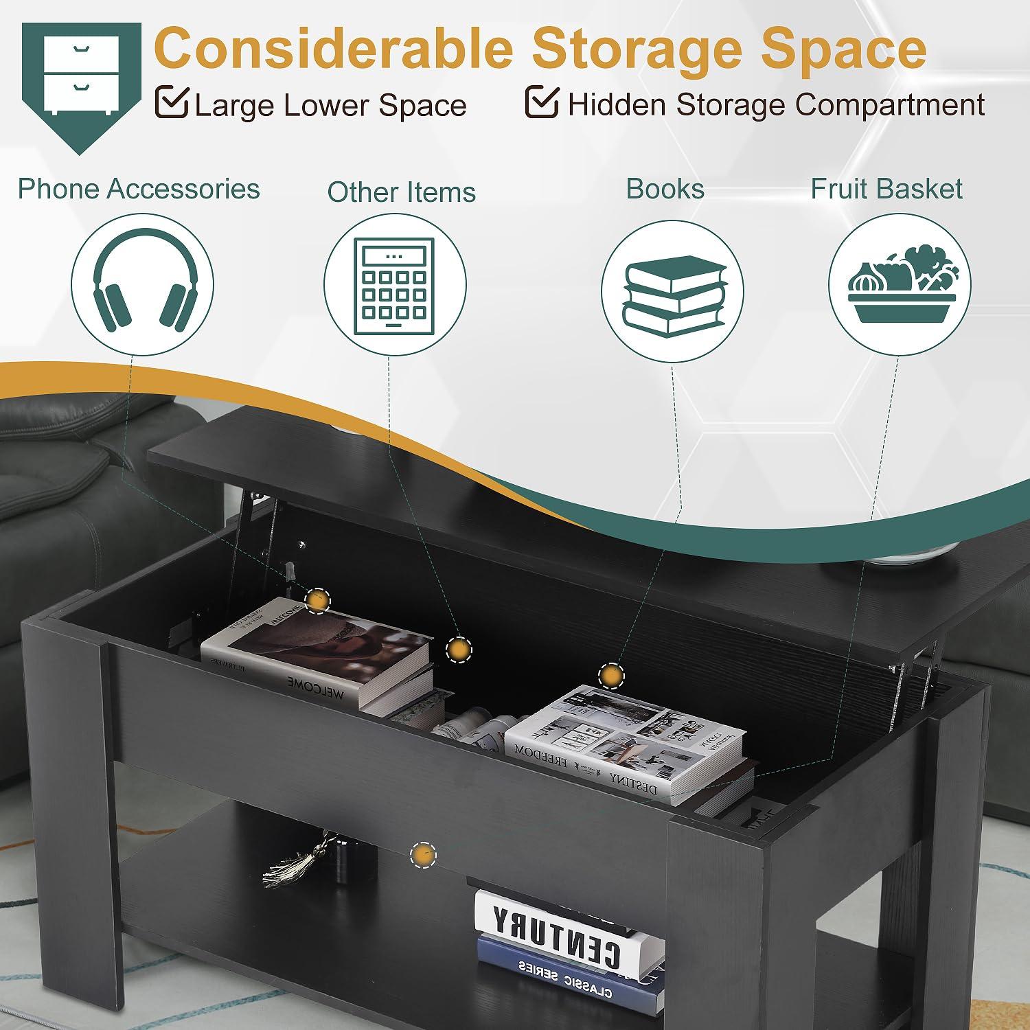 FDW Coffee Tables with Hidden Compartment and Storage Shelf Wooden Lift Tabletop Dining Table for Living Room Home (White)