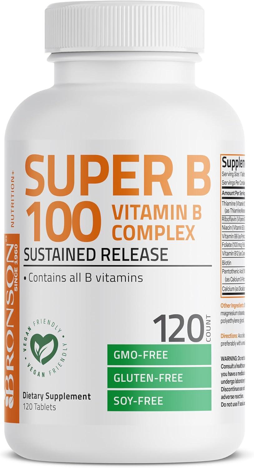 Bronson Vitamin B 100 Complex High Potency Sustained Release (Vitamin B1, B2, B3, B6, B9 - Folic Acid, B12), 120 Tablets