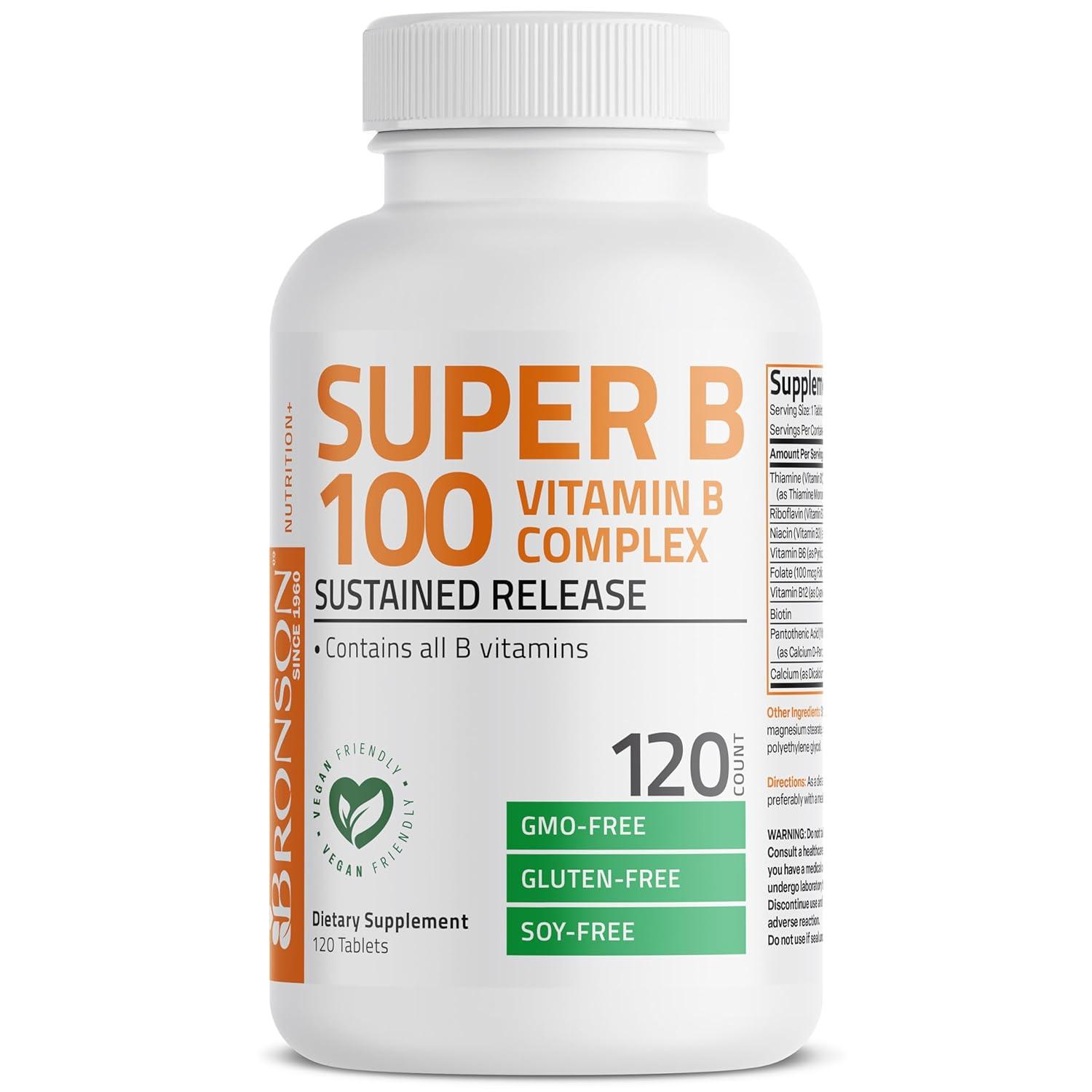 Bronson Vitamin B 100 Complex High Potency Sustained Release (Vitamin B1, B2, B3, B6, B9 - Folic Acid, B12), 120 Tablets