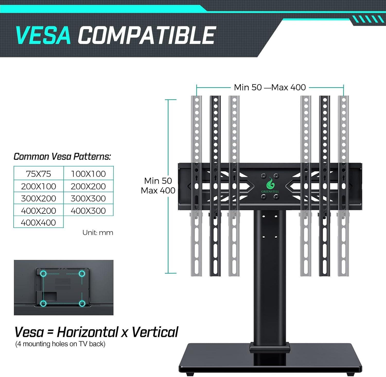 Greenstell TV Stand with Power Outlet, Universal TV Mount Stand for 27-65 inch TVs, Height Adjustable, Swivel Table Top TV Stand with Tempered Glass Base, Holds up to 88 LBs, Max VESA 400x400mm
