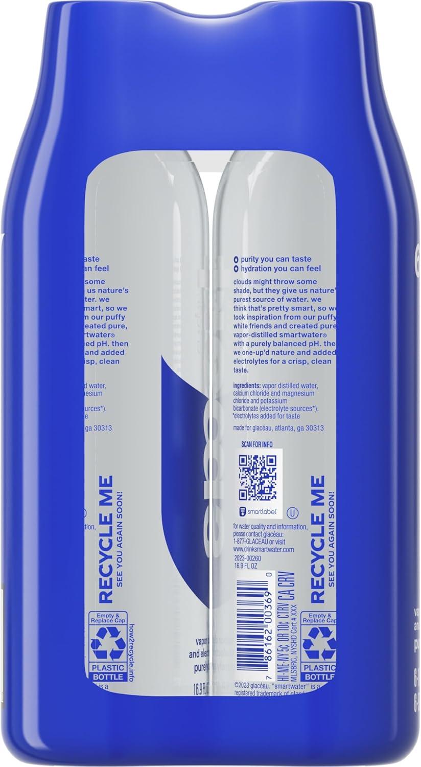 smartwater vapor distilled premium water, 16.9 fl oz, 6 count bottles