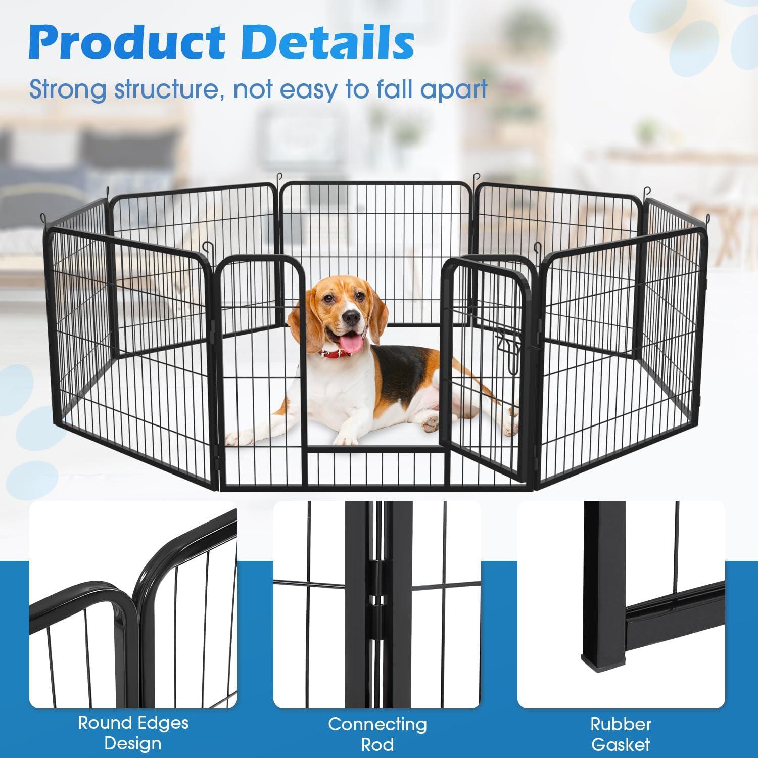 Dog Playpen, 8 Panel Foldable Dog Exercise Pen with Latch, Pet Fence with 360⁰ Hinges and Wire Meshes for Outdoor, Home, Black