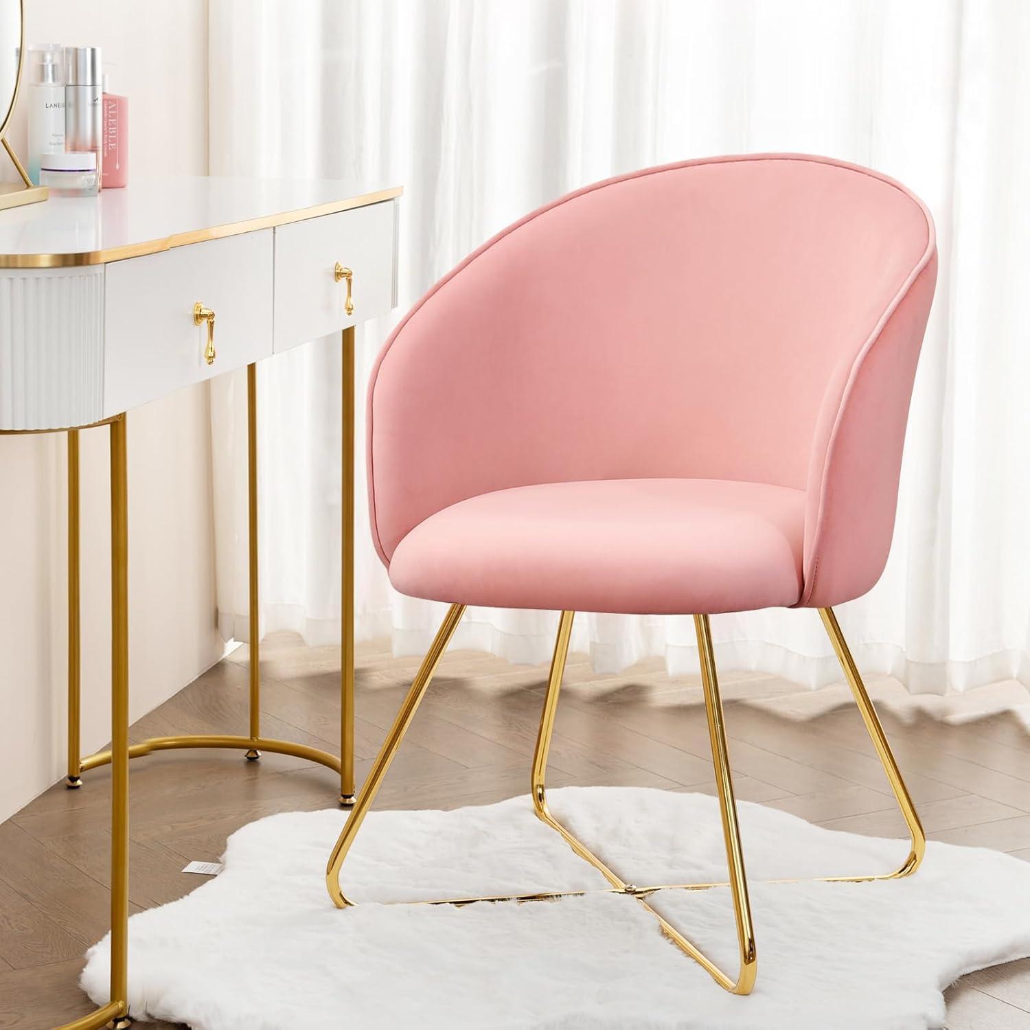 Furniliving  Velvet Upholstered Accent Chair Mid-Back Leisure Chairs Makeup Vanity Stool  , Pink