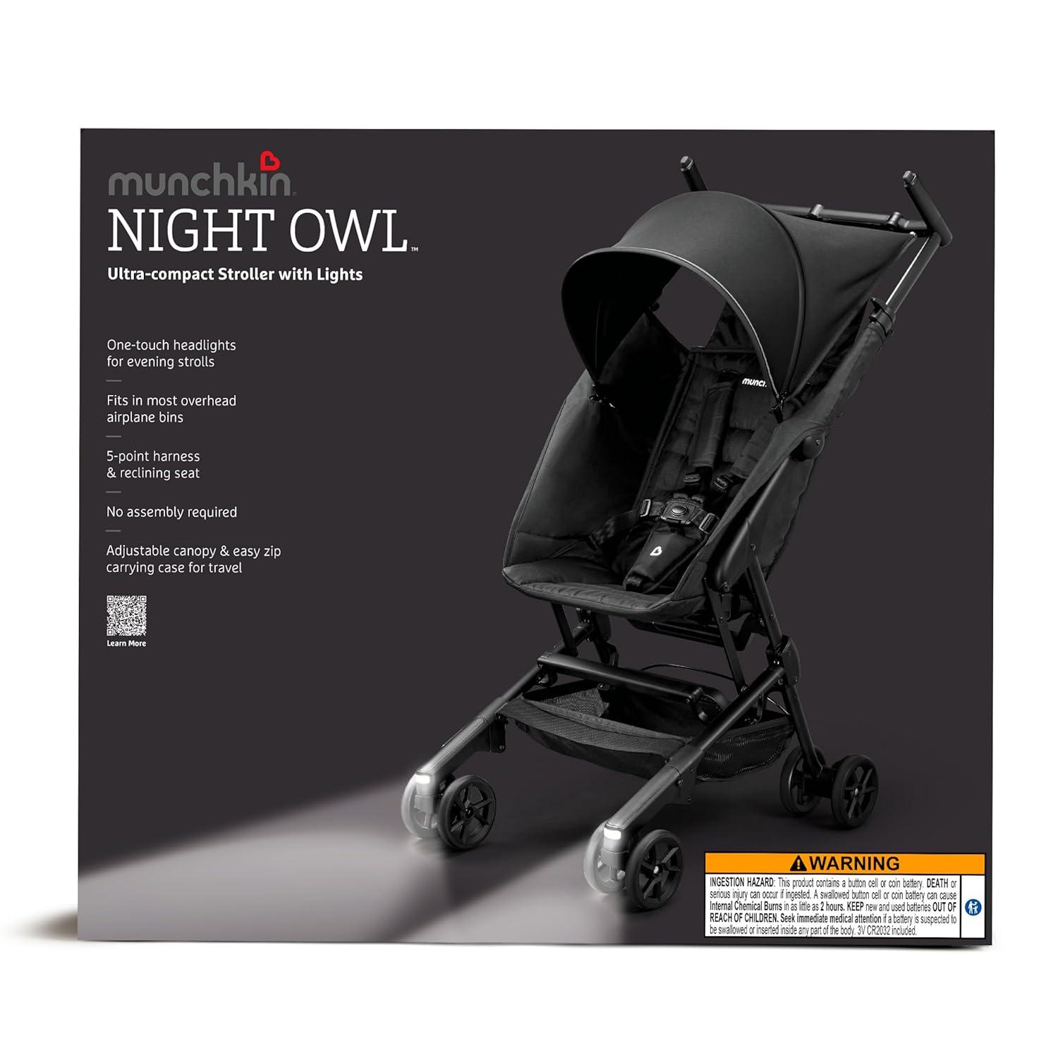Munchkin Night Owl™ Folding Ultra Compact Travel Baby & Toddler Stroller with Lights, Black, Unisex