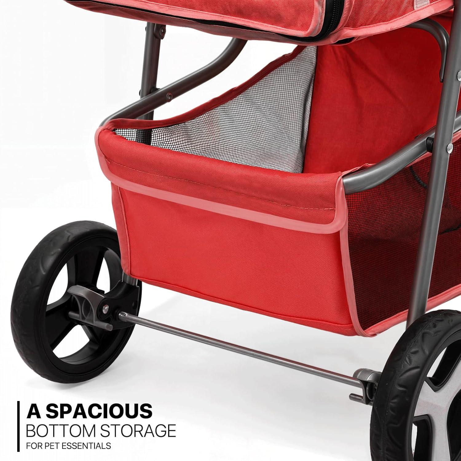 MoNiBloom 3 Wheel Folding Pet Stroller, Foldable Dog Jogger Stroller with Storage Basket, Cup Holder & Canopy