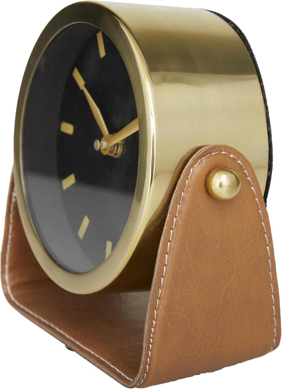 Deco 79 Stainless Steel Metal Clock with Leather Stand, 6" x 3" x 6", Gold