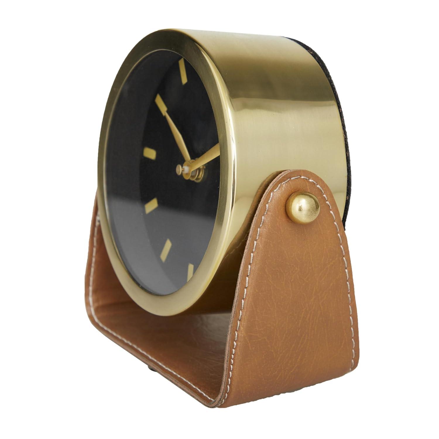 6 in. x 6 in. Gold Stainless Steel Analog Clock with Leather Stand