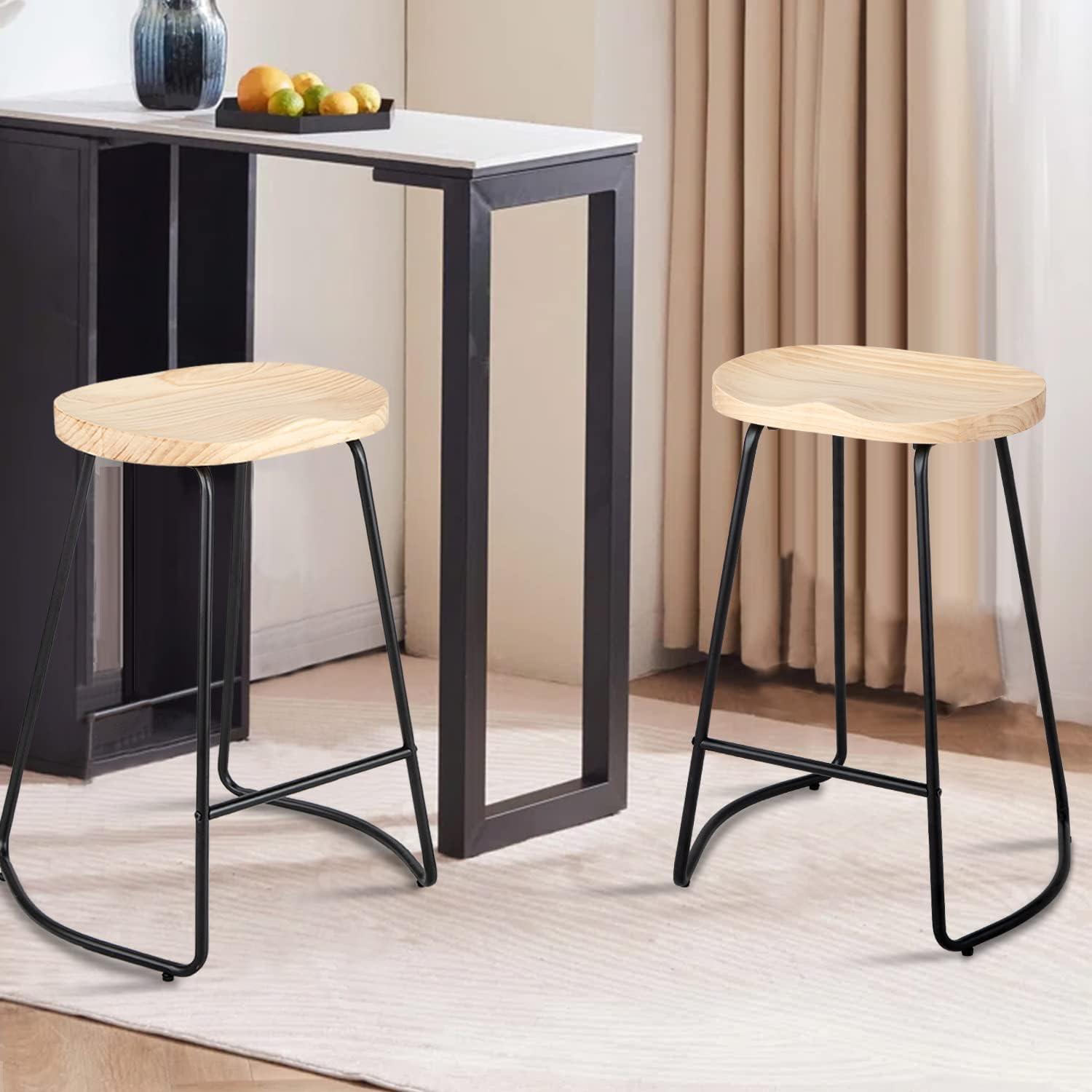 Burlywood Saddle Seat Backless Bar Stools with Metal Legs, 25"