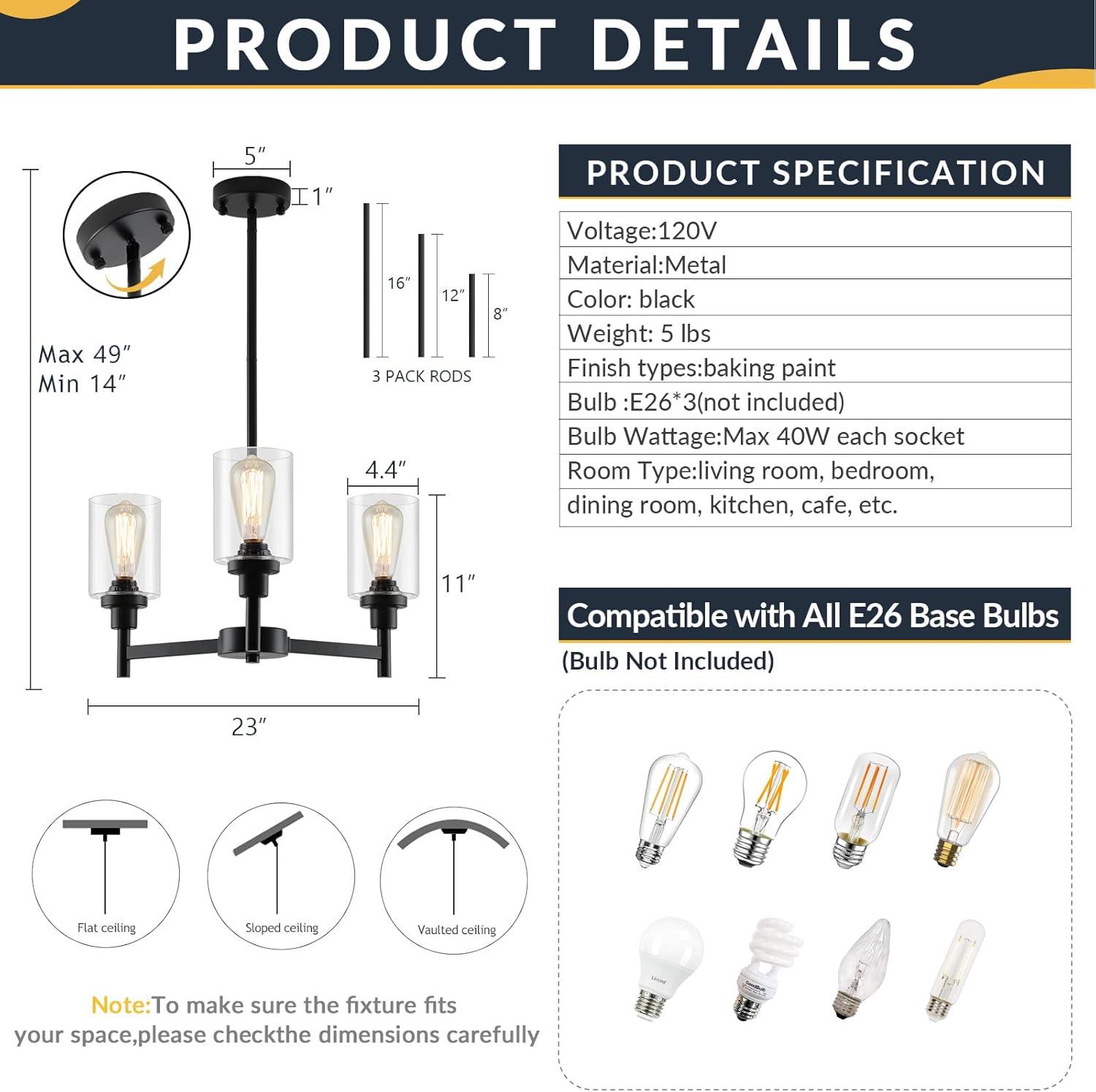 Black Chandelier for Dinning Room Living Room Island Kitchen Chandelier Light Fixtures Over Table, 3 Light Farmhouse Chandelier with Cylinder Clear Glass, Height Adjustable