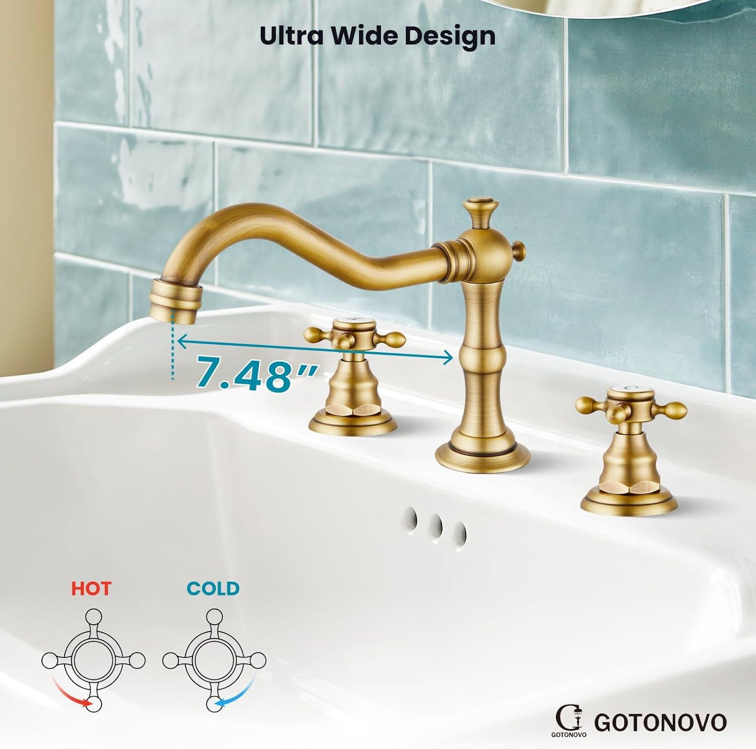 gotonovo Bathroom Faucet 3 Hole 8 Inch Widespread Bathroom Sink Faucet 2 Cross Handles Vintage Lavatory Vanity Mixer Tap with Pop Up Drain, H C Label, Antique Brass