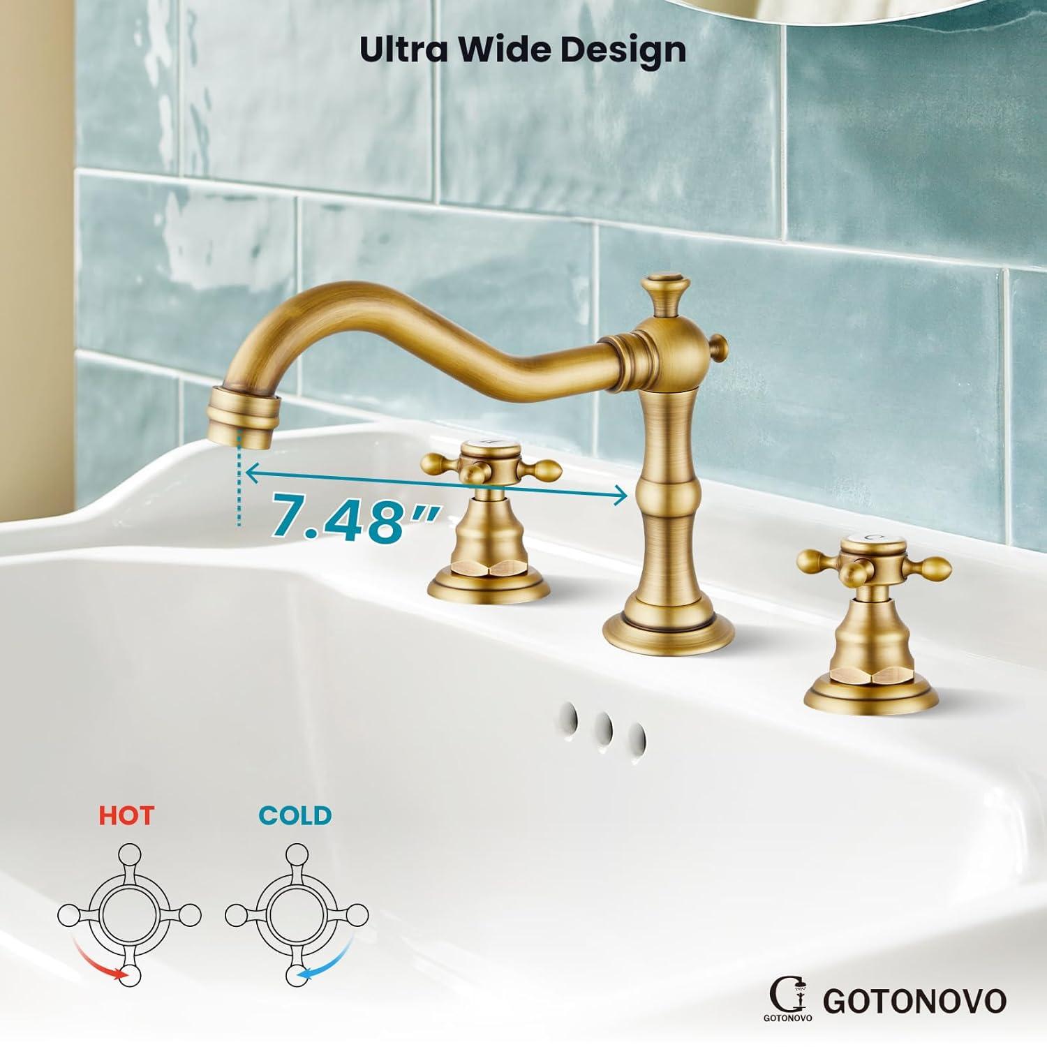 gotonovo Bathroom Faucet 3 Hole 8 Inch Widespread Bathroom Sink Faucet 2 Cross Handles Vintage Lavatory Vanity Mixer Tap with Pop Up Drain, H C Label, Antique Brass