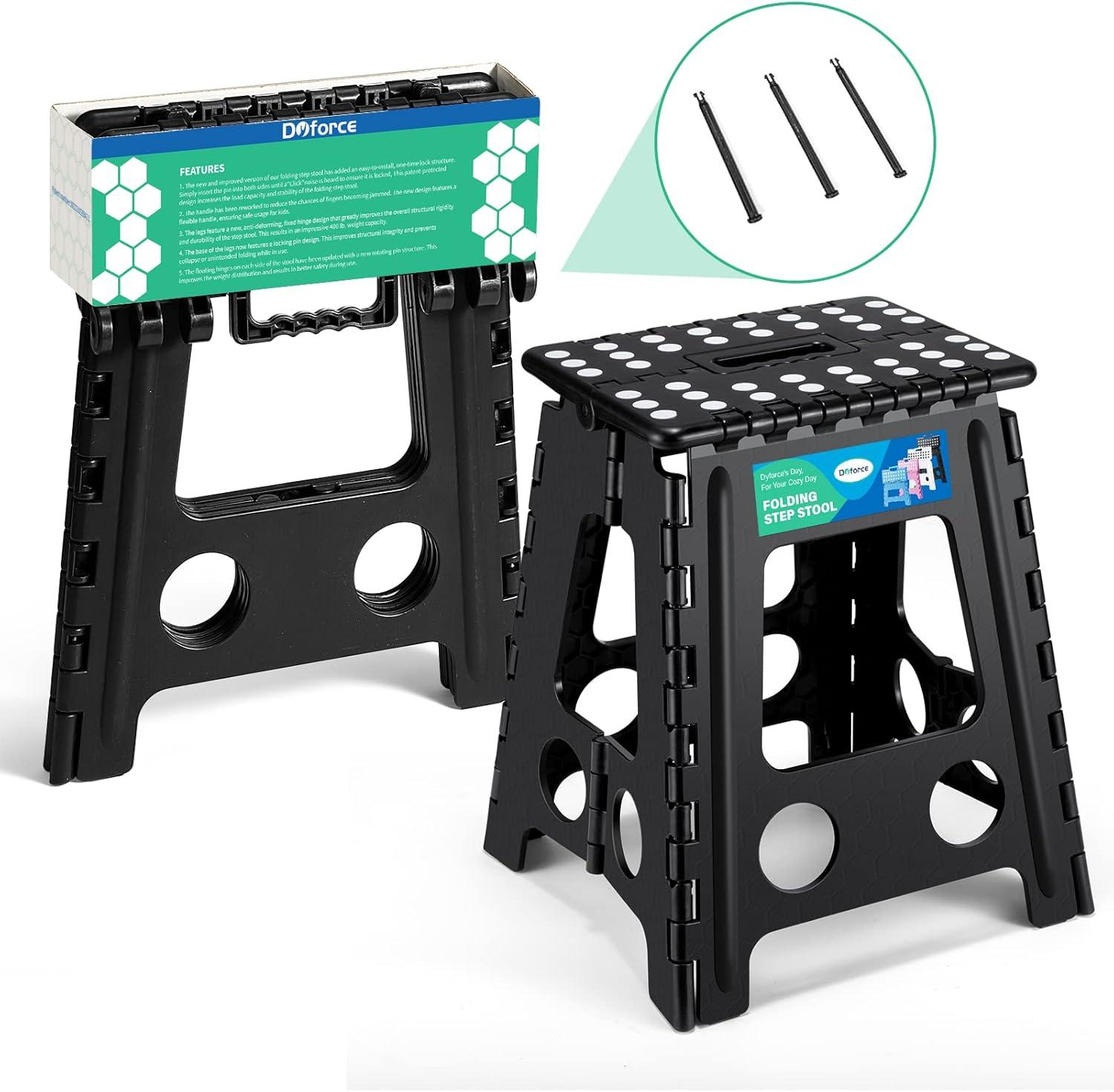 Dyforce 16 Inch Folding Step Stool 400lbs Capacity Sturdy Plastic Foldable Step Stools for Adults Stepping Stool with Handle Easy to Carry Handle Folding Stool Ideal for Kitchen (Black 1PC)