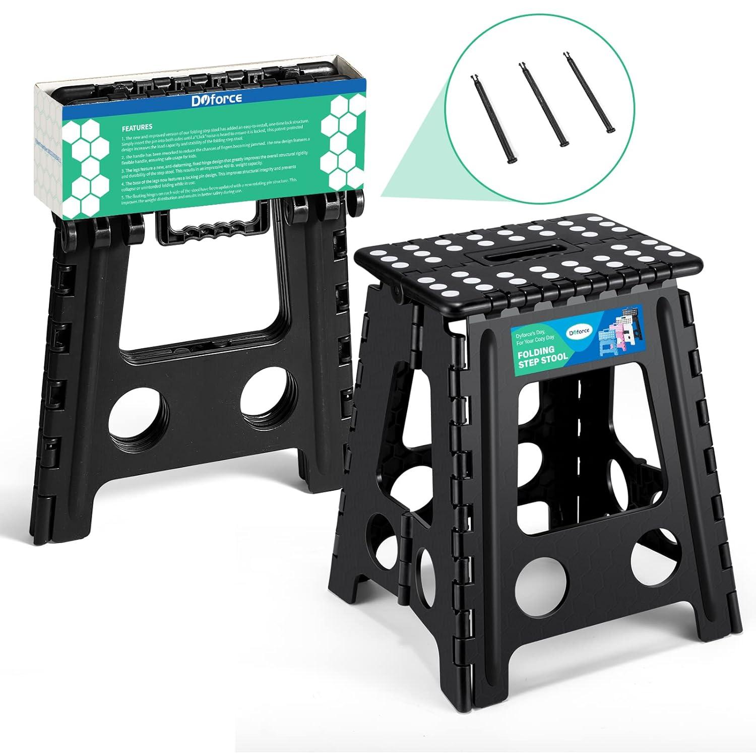 Dyforce 16 Inch Folding Step Stool 400lbs Capacity Sturdy Plastic Foldable Step Stools for Adults Stepping Stool with Handle Easy to Carry Handle Folding Stool Ideal for Kitchen (Black 1PC)