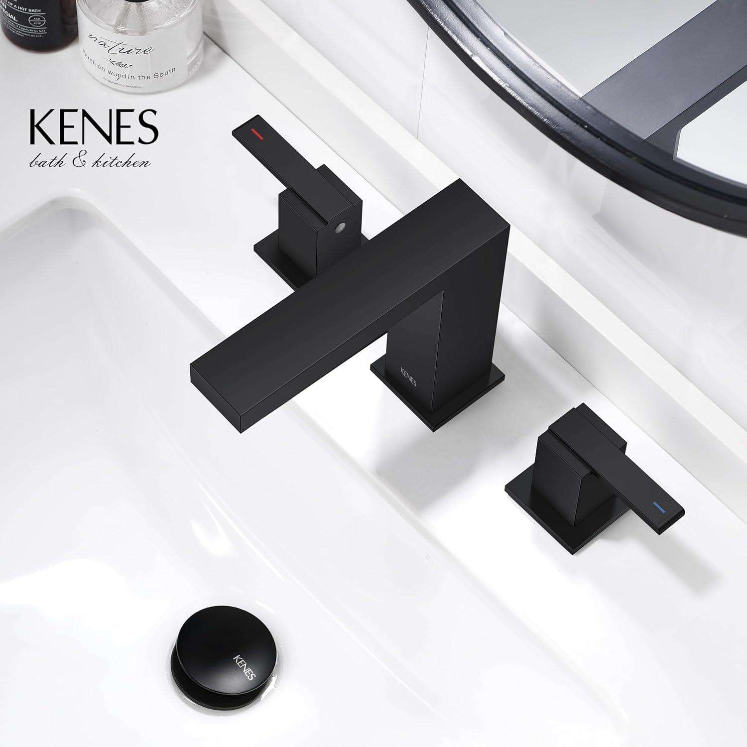 KENES Matte Black Widespread Bathroom Faucet Two Handle Bathroom Sink Faucets Black 3 Hole, 8-Inch 3 Pieces Bathroom Vanity Faucet Lavatory Faucet with Supply Lines, KE-9050-2